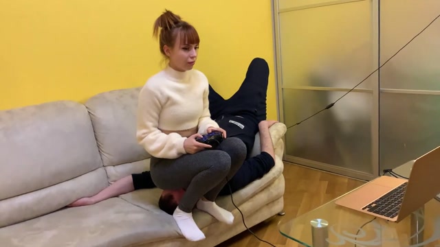 Petite Princess FemDom - Gamer Kira in Leggings Uses Her Chair Slave While Playing 00010