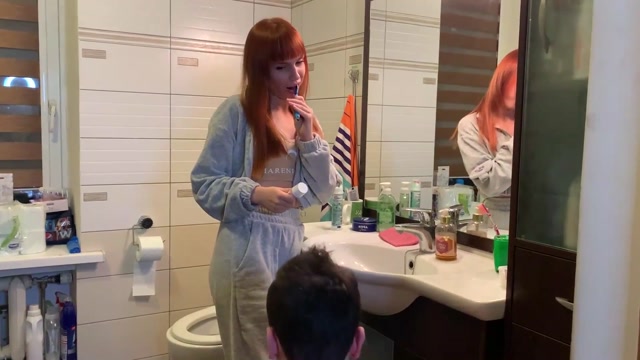 Petite Princess FemDom - Redhead Girl Brushes Her Teeth and Spits in Slave s Mouth 00004