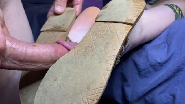 Old Sandals Footjob - Close up cum on soles 00001
