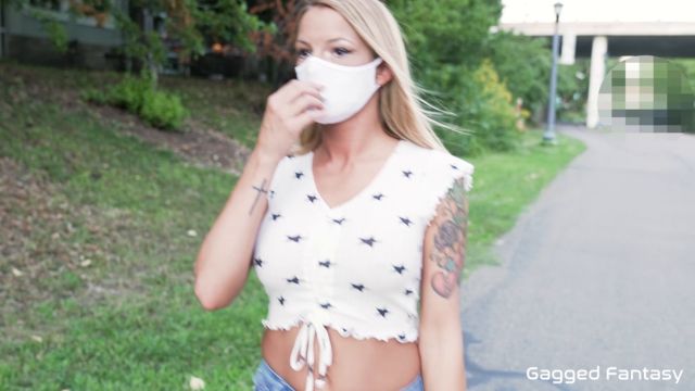 Gagged Fantasy Bella Ink Tape Gag Under Mask Outdoor Walk 00011