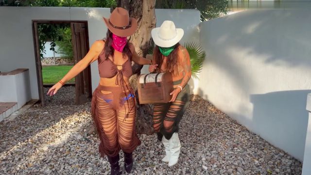 Latina Bondage: Queen Latina, Lola Lu &ndash; Bandit Girls Tied Tight. Two Helpless Cowgirls Cleave Gagged to a Tree and Rough Ropes Hogtie 00000